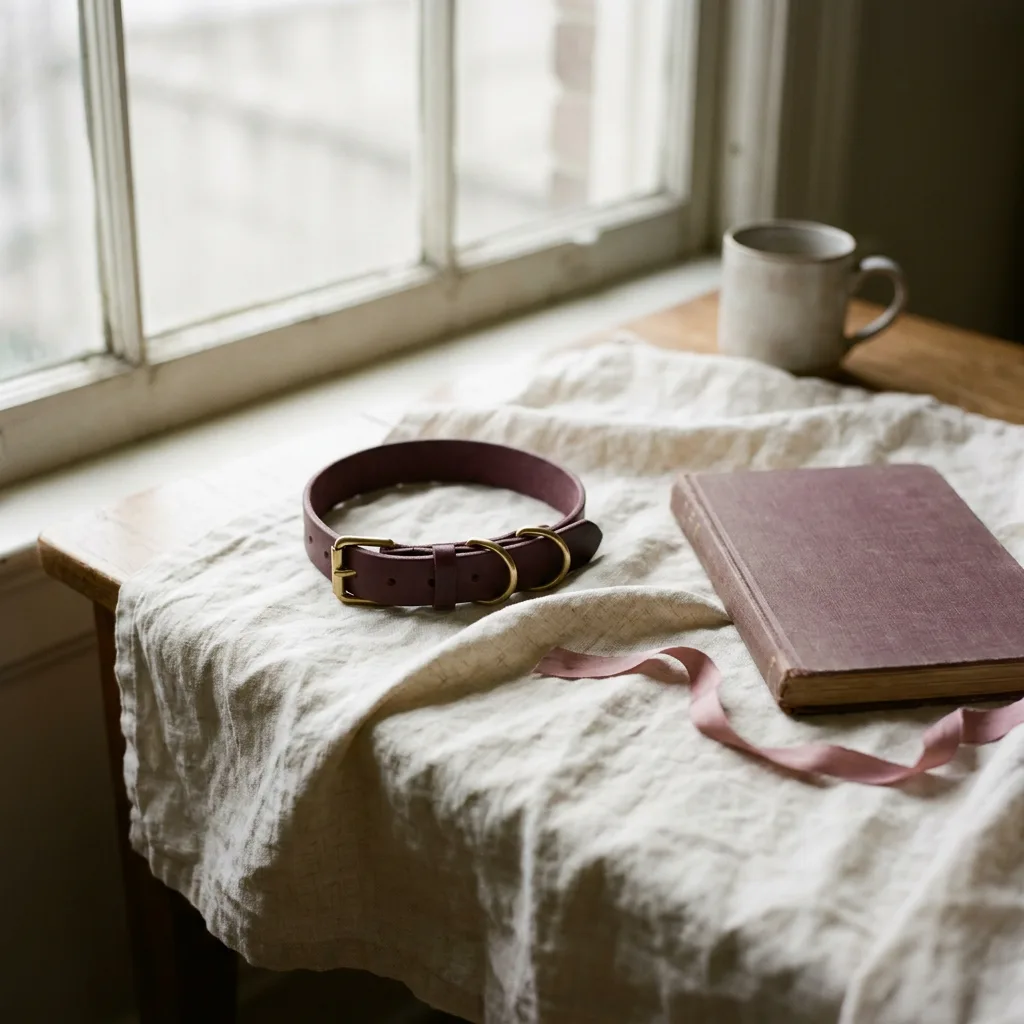 A leather day-collar, a cloth-bound journal, and a ribbon resting on cream linen in soft morning light.