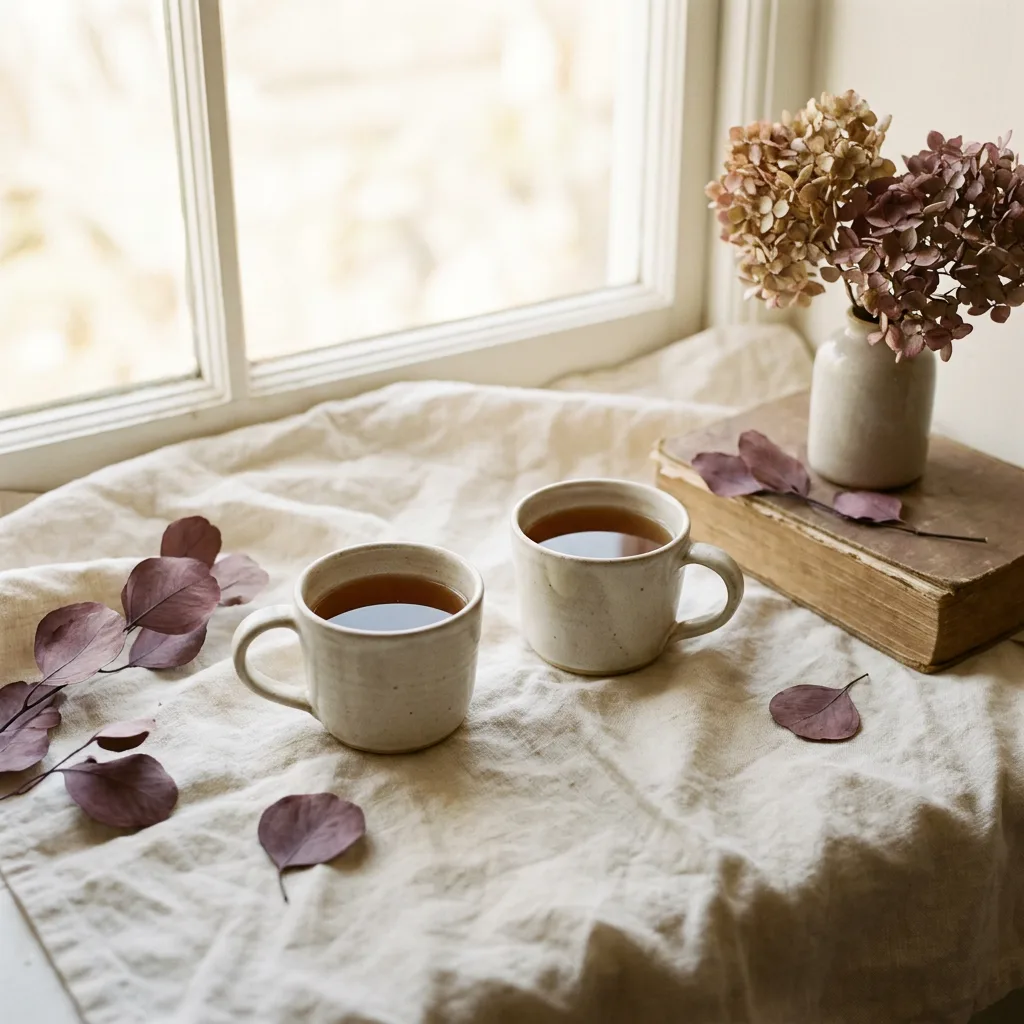 Two cups of tea on a cream linen cloth by a bright window.