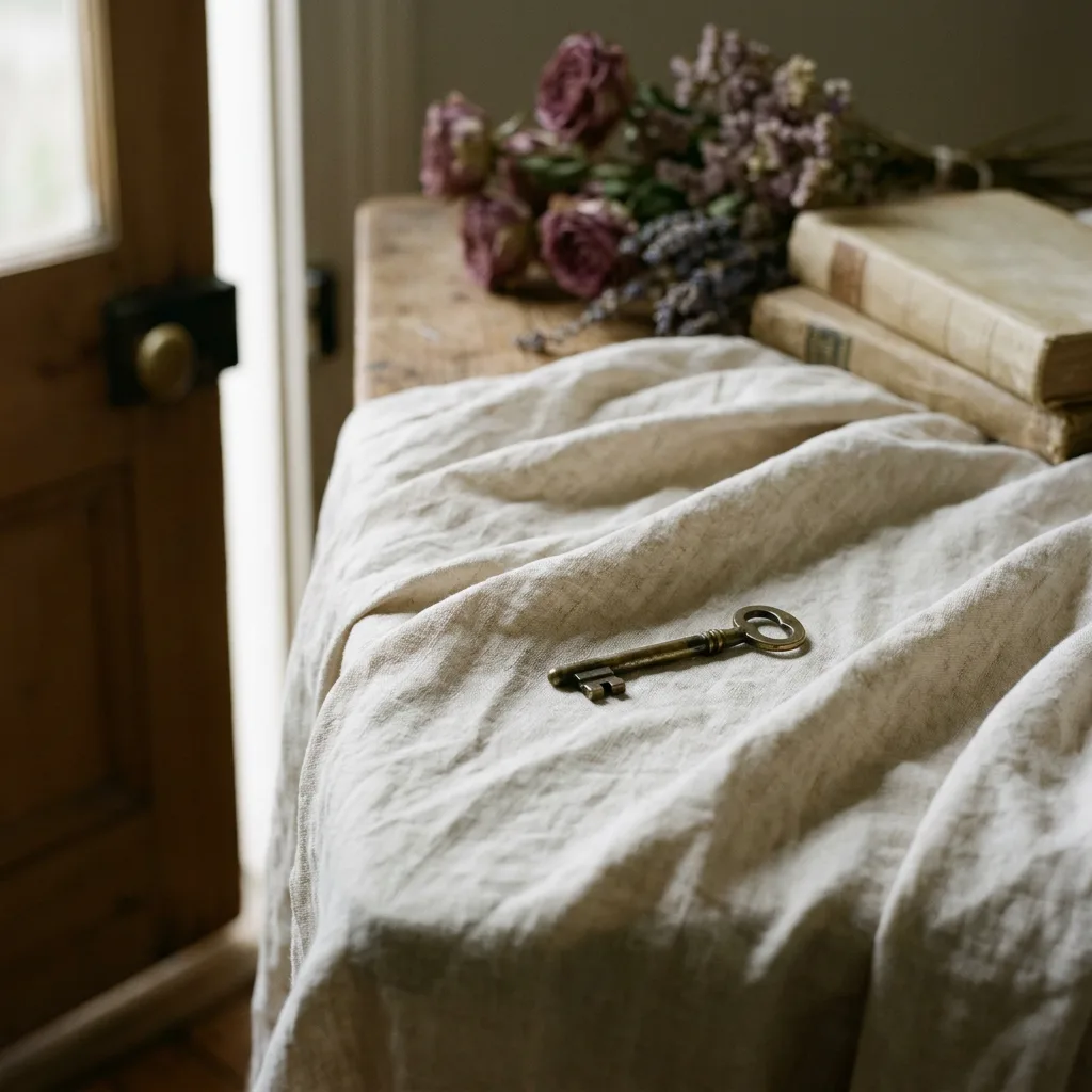 A single brass key on cream linen in soft directional light.