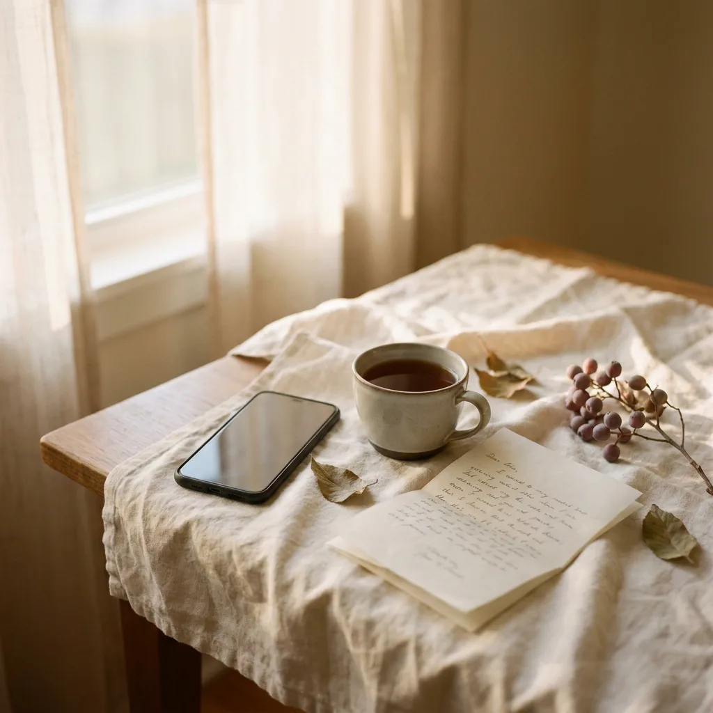 A smartphone lying face-down beside a cup of tea and a folded note on cream linen in morning light.