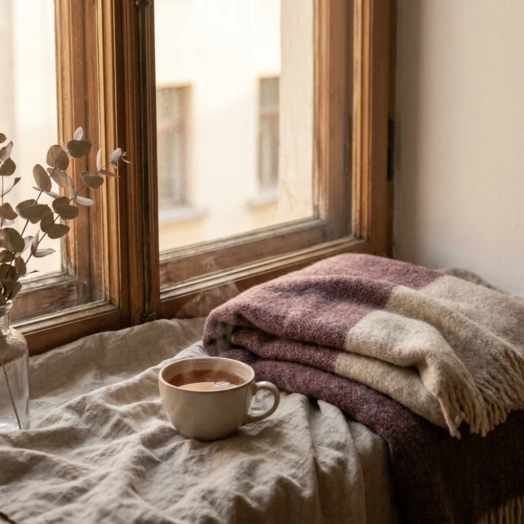 A folded soft wool blanket and a cup of warm tea resting on rumpled cream linen near a window in low evening light, vellum-cream and muted-plum tones.