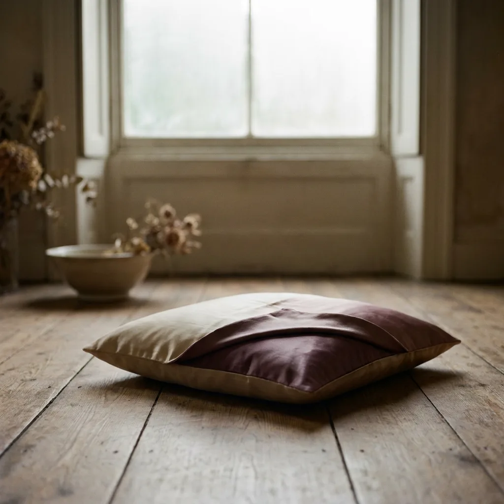 A single folded silk cushion on a wooden floor in soft window light.