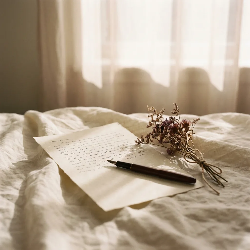 A handwritten checklist, a fountain pen, and dried flowers on cream linen in morning light.