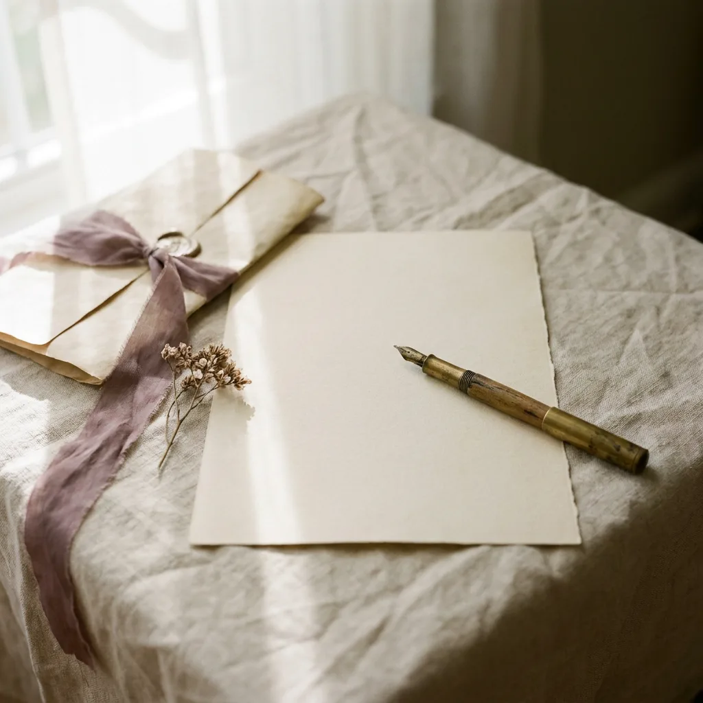 A sheet of cream writing paper, a fountain pen, and a plum ribbon resting on linen in morning light.