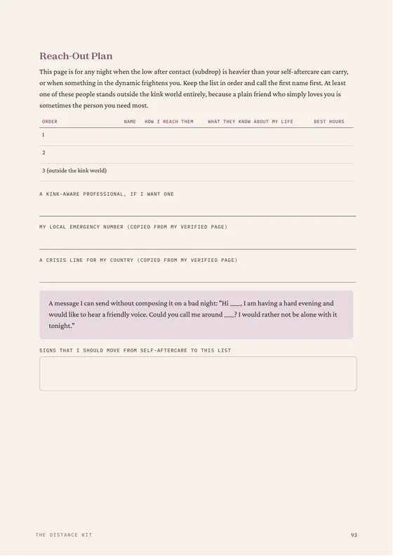 The Reach-Out Plan page from the free sample, with spaces for names, numbers and a message to send on a low night.